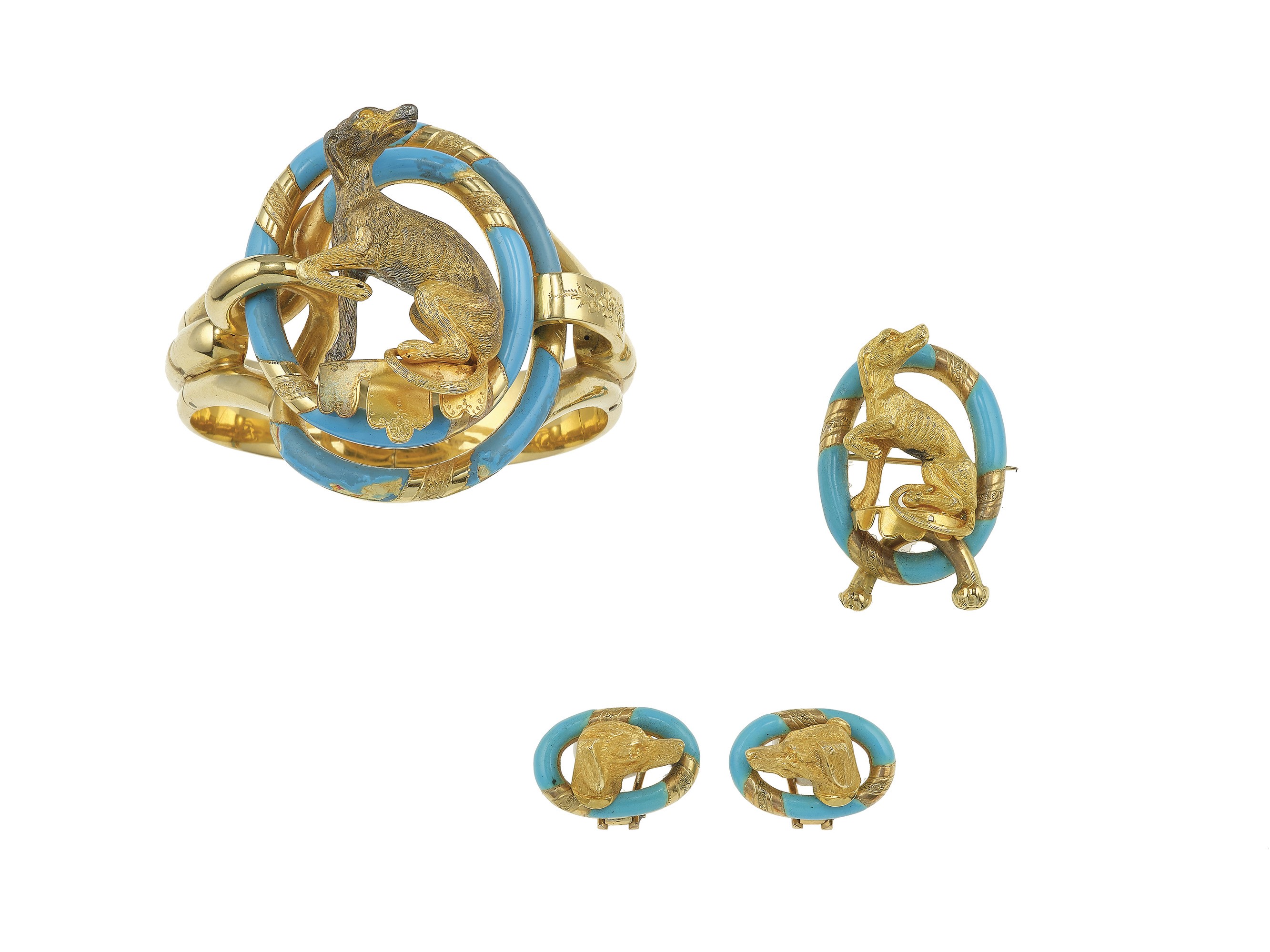 Parure da caccia, bracciale, spilla ed orecchini con smalto turchese in oro giallo 750/1000