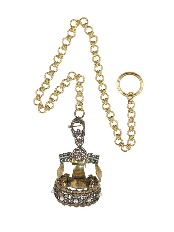 Gold, silver, rose-cut diamond, ruby and pearl perfume holder