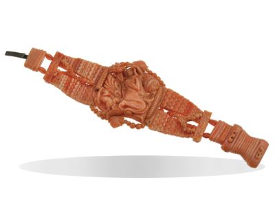 Bracciale, corallo inciso, in lega metallica