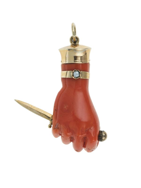 Coral and low-karat gold pendent