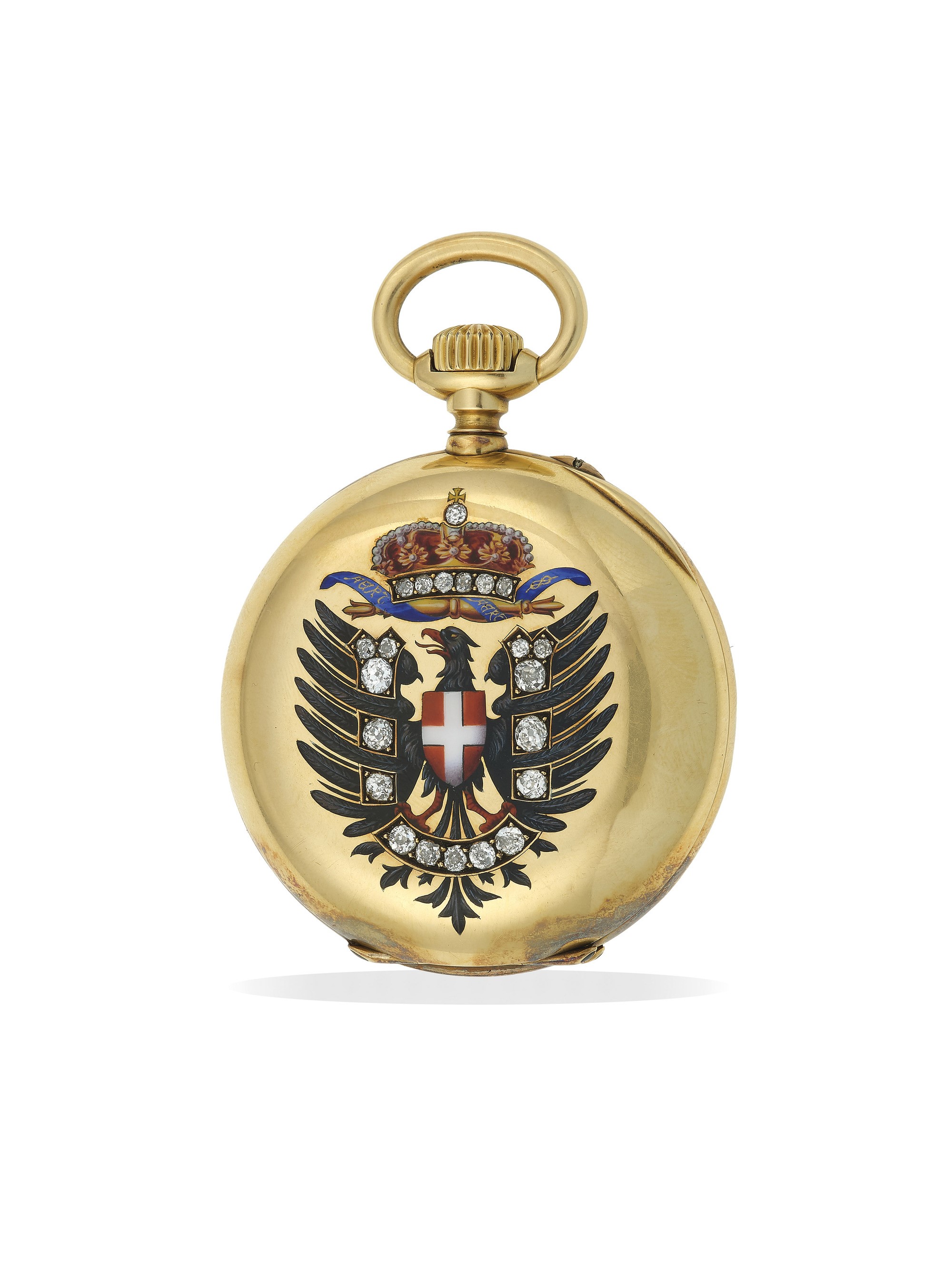 Orologio da tasca in oro 750/1000 con smalti, diamanti e stemma di Re Umberto I di Savoia