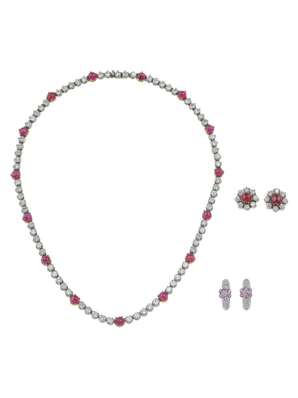 Pair of diamond and pink sapphire earrings, signed Sabbadini and iamond, ruby, platinum and gold demi-parure