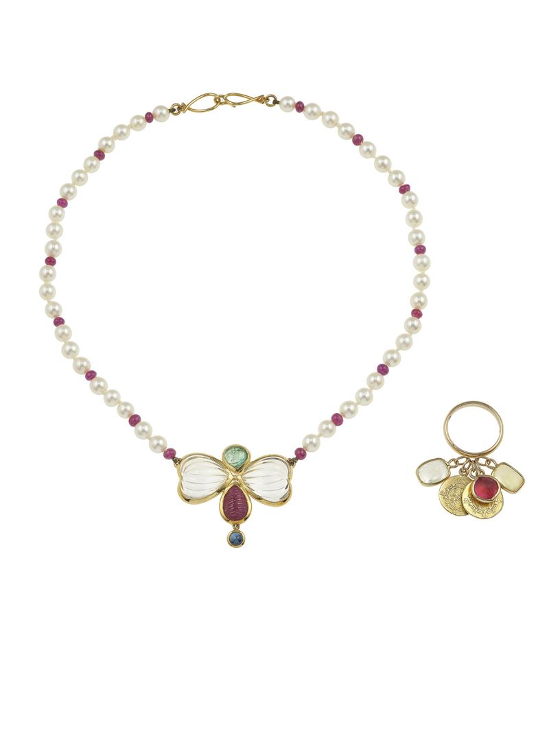 Cultured pearl and gem-set necklace and charms ring  - Auction Fine Jewels - Cambi Casa d'Aste