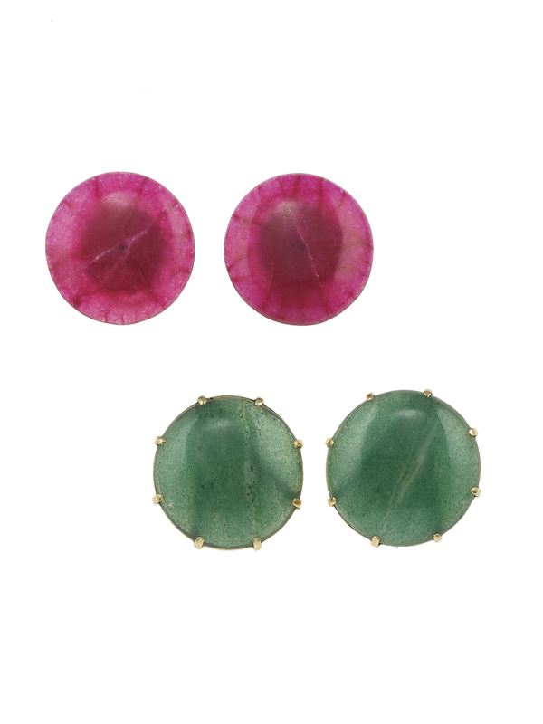 Two pairs of tinted chalcedony and gold earrings