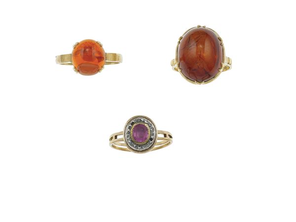 Three gem-set, gold rings