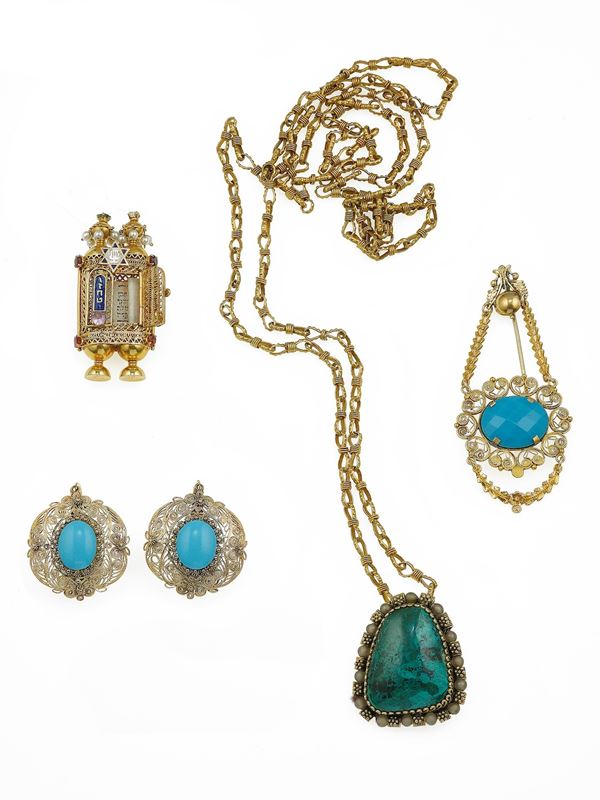 Group of gold, low-karat gold and silver jewels