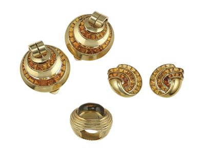 René Boivin, Parure in oro giallo con quarzi citrini (anello, orecchini e due clips)