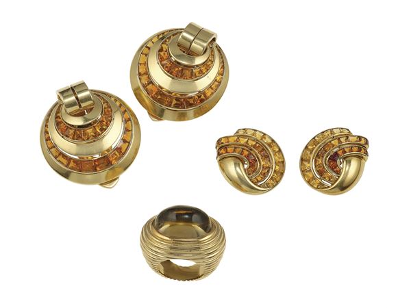 René Boivin. Parure composta da anello, orecchini e due clips con quarzi citrini