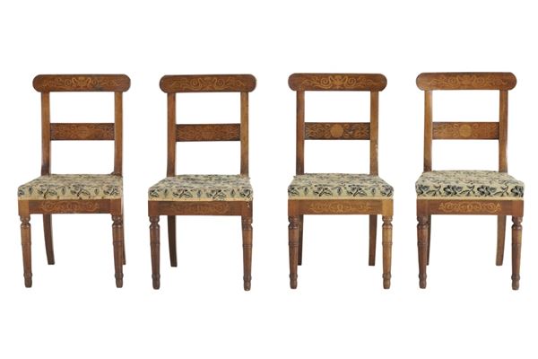 Quattro sedie intarsiate Carlo X. Piemonte, XIX secolo