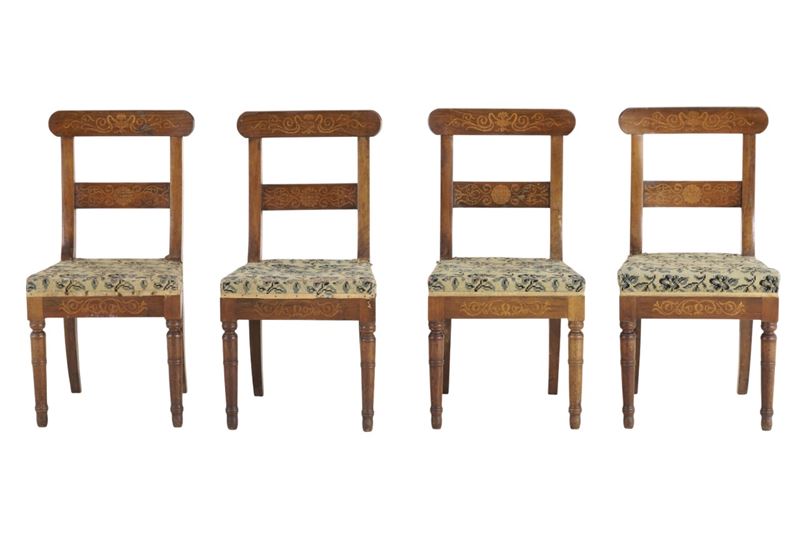 Quattro sedie intarsiate Carlo X. Piemonte, XIX secolo  - Asta Antiquariato - Cambi Casa d'Aste