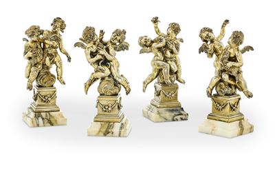 Argentiere Eugenio Avolio (Napoli), Quattro gruppi con allegorie e putti danzanti in argento fuso...