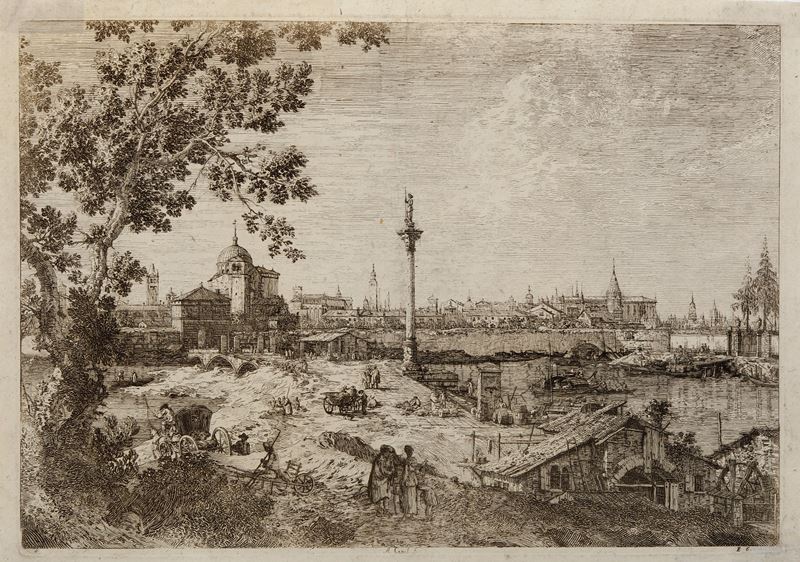 Antonio Canal detto Canaletto (Venezia 28.10.1697 - Venezia 19.04.1768) Probabile tiratura Remondini  Veduta immaginaria di Padova Acquaforte. Buona impressione con due piccoli restauri agli angoli inferiori Dimensione foglio cm 32,3x45,6 Dimensione rame cm 30,4x43  - Auction Prints - Cambi Casa d'Aste