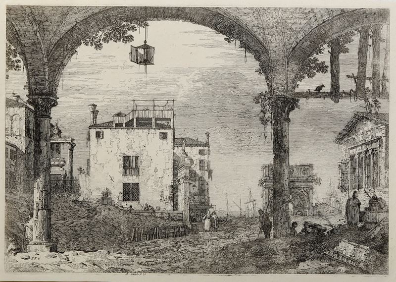 Antonio Canal detto Canaletto (Venezia 28.10.1697 - Venezia 19.04.1768) Probabile tiratura Remondini  Portico con lanterna  - Auction Prints - Cambi Casa d'Aste