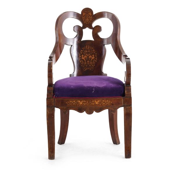 Poltrona lastronata e intarsiata Carlo X. Genova, XIX secolo
