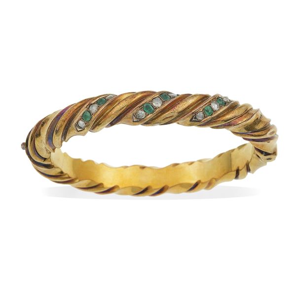 Emerald, diamond and golden titanium bangle