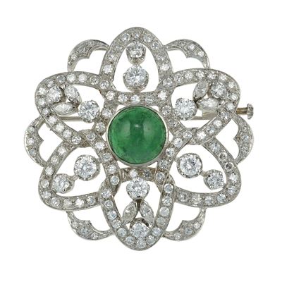Spilla con Smeraldo Taglio Cabochon e Diamanti
