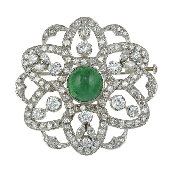 Emerald and diamond brooch