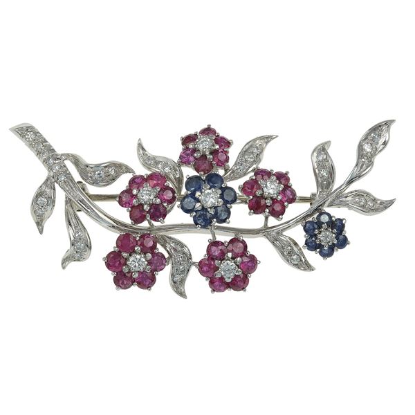 Ruby, diamond and sapphire brooch