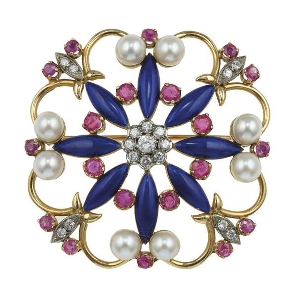 Ruby, pearl, diamond and enamel brooch