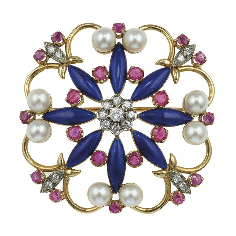 Ruby, pearl, diamond and enamel brooch  - Auction Jewels - Cambi Casa d'Aste