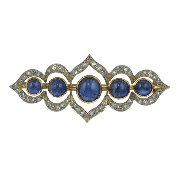 Sapphire, diamond and gold brooch