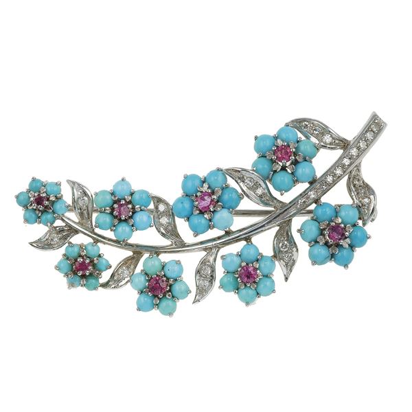 Turquoise, ruby and diamond brooch