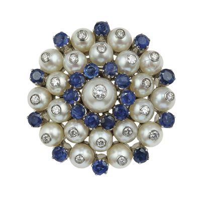 Spilla con Perle, Zaffiri e Diamanti