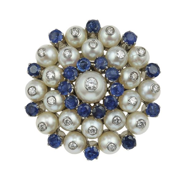 Pearl, sapphire and diamond brooch
