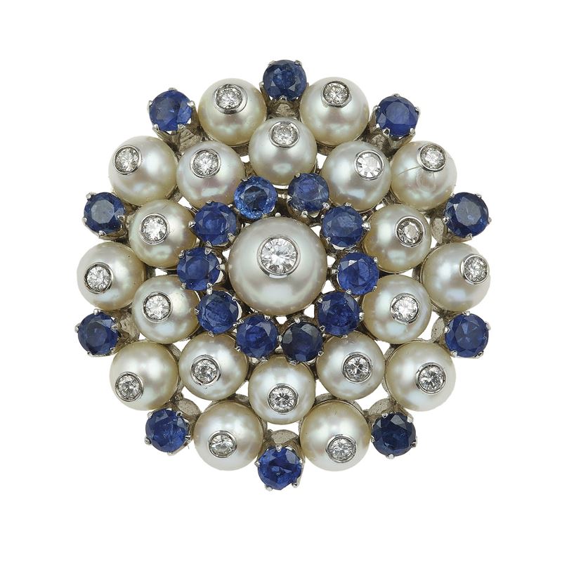 Pearl, sapphire and diamond brooch  - Auction Jewels - Cambi Casa d'Aste
