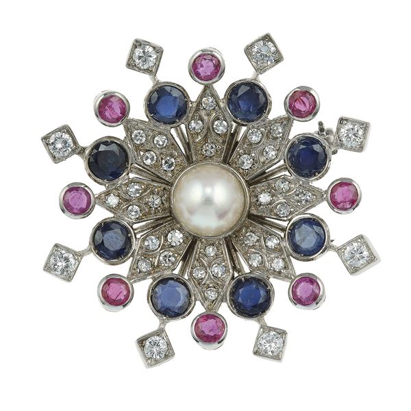 Sapphire, ruby, diamond and pearl brooch