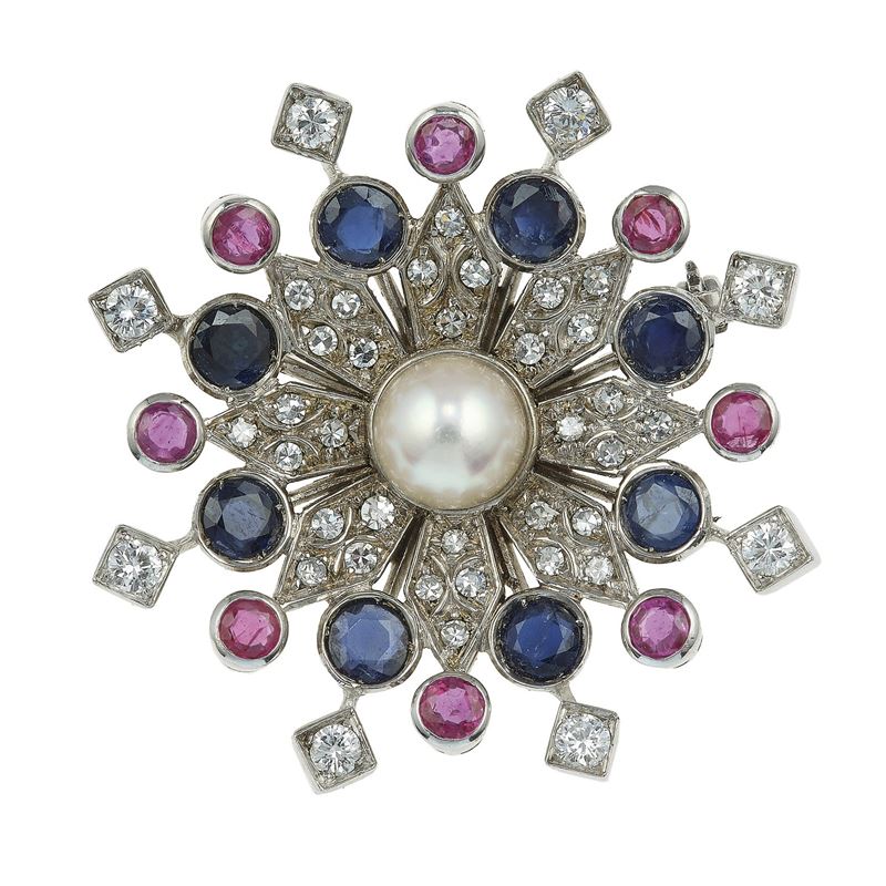 Sapphire, ruby, diamond and pearl brooch  - Auction Jewels - Cambi Casa d'Aste