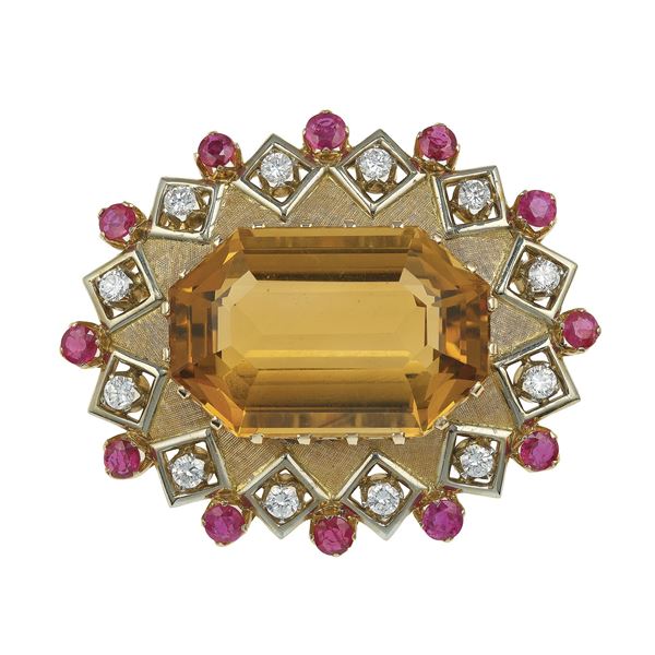 Citrine, ruby and diamond brooch