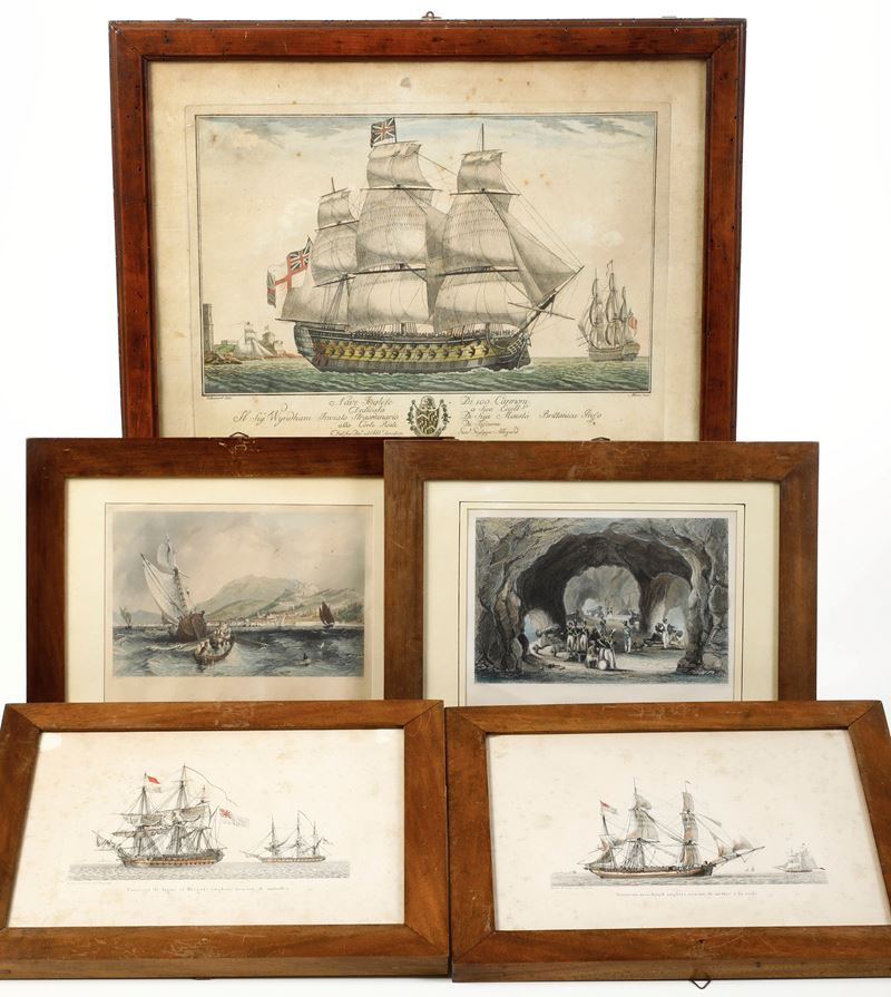 Cinque piccole incisioni con velieri  - Auction Maritime Art - Cambi Casa d'Aste