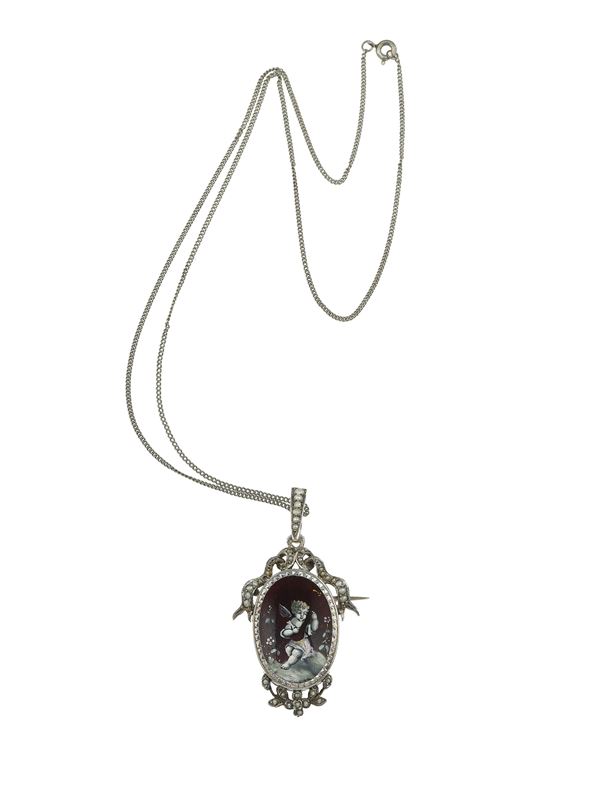 Enamel, silver and metal alloy necklace/brooch