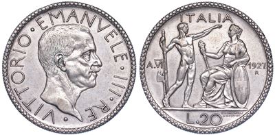 Regno D’italia. Vittorio Emanuele III di Savoia, 1900-1946. 20 Lire 1927/a. Vi. Littore.