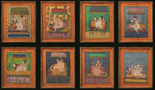 8 quadretti raffiguranti scene del Kamasutra, India, XX secolo