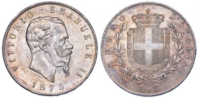 Regno D’italia. Vittorio Emanuele II di Savoia, 1861-1878. 5 Lire 1875. Roma.