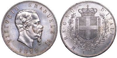 Regno D’italia. Vittorio Emanuele II di Savoia, 1861-1878. 5 Lire 1876. Roma.