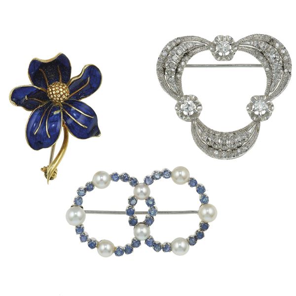 Three gold, gem-set and enamel brooch
