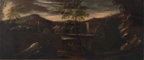 Scuola del XVIII secolo Paesaggio fluviale con architetture e figure