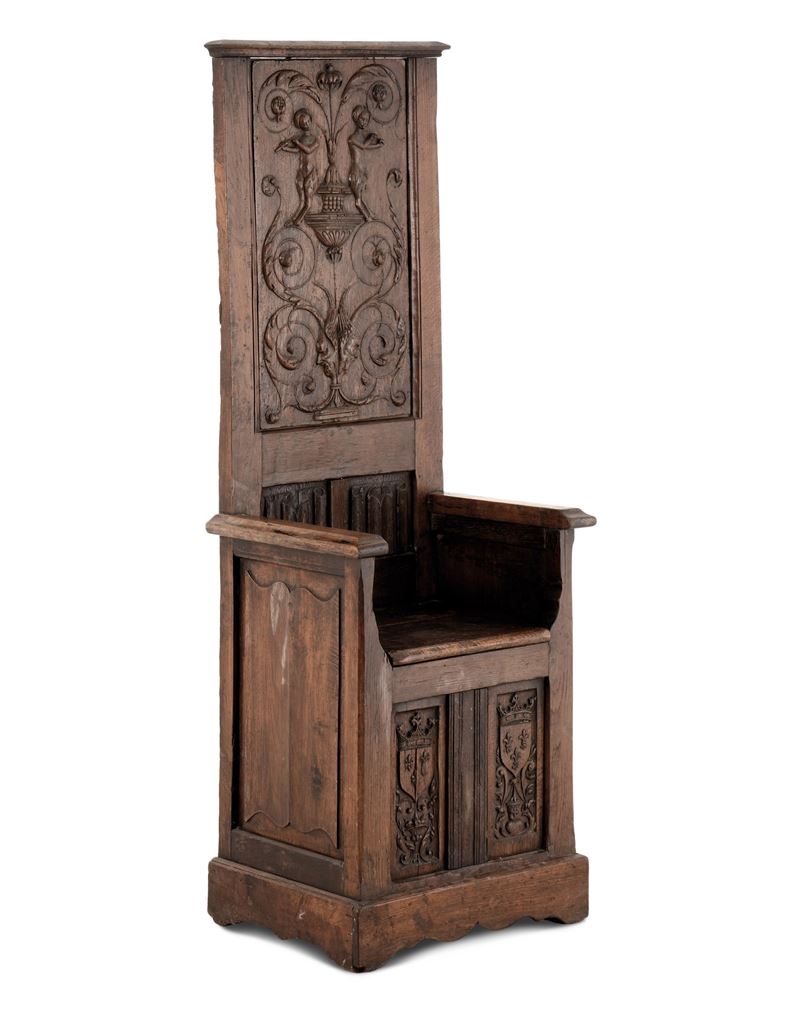 Cattedra episcopale in legno di rovere scolpito. Costruito con elementi di varie epoche  - Auction Antique - Cambi Casa d'Aste