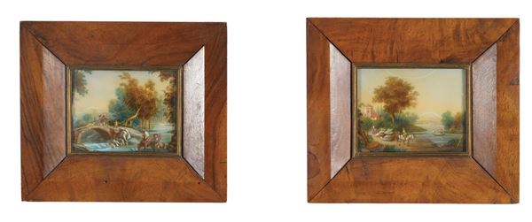 Scuola del XIX secolo Paesaggi fluviali con figure