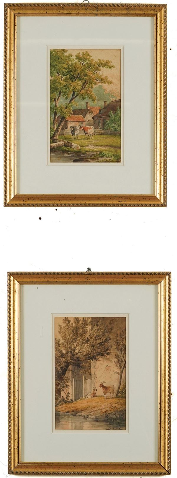 Coppia di stampe con paesaggi a colori