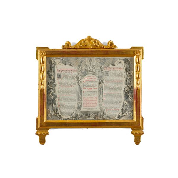 Cartagloria entro cornice in legno intagliato e dorato