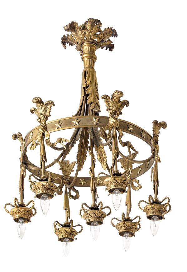 Lampadario a sei luci in bronzo dorato. XIX secolo