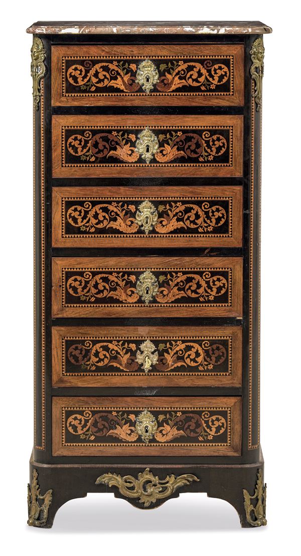 Secretaire lastronato, intarsiato e filettato. XX secolo