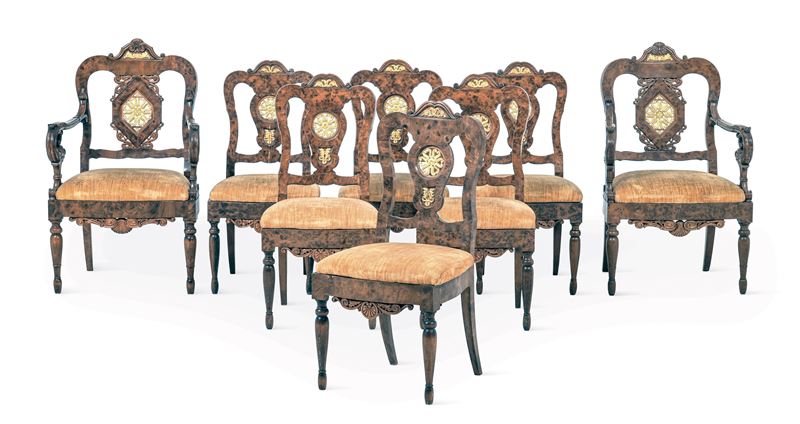 Fornitura da salotto composta da sei sedie e due poltrone. XIX secolo  - Asta Sei Secoli di Arti e Arredi - III - Cambi Casa d'Aste