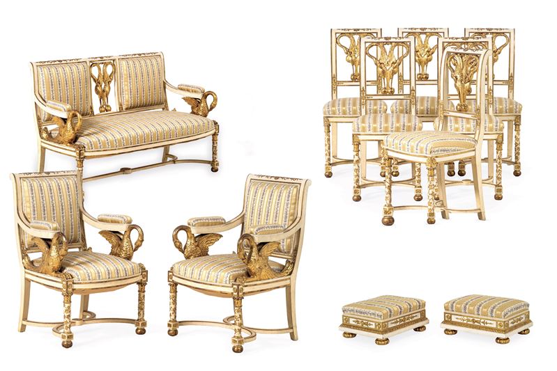 Fornitura da salotto in legno scolpito, laccato e dorato. XIX secolo  - Asta Sei Secoli di Arti e Arredi - III - Cambi Casa d'Aste