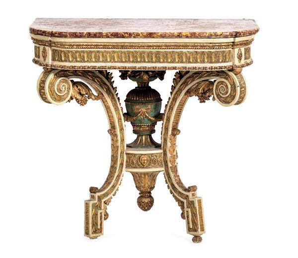 Consolle a goccia in legno intagliato, laccato e dorato. XIX secolo