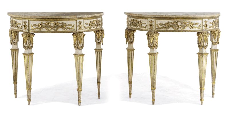 Coppia di consolles demilune. Piemonte, inizio XIX secolo  - Auction Six Centuries of Arts and Furnitures - III - Cambi Casa d'Aste
